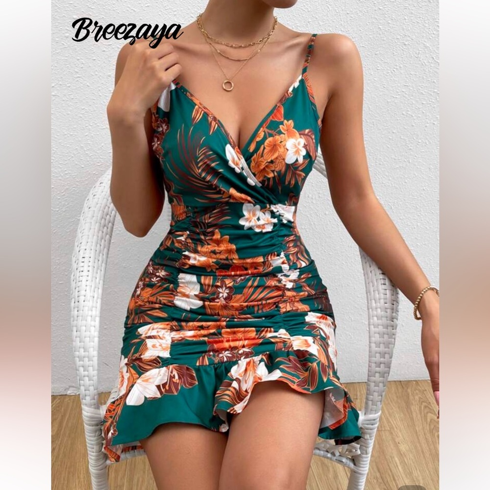 SHEIN Tropical Floral Mini Dress in Green and Orange